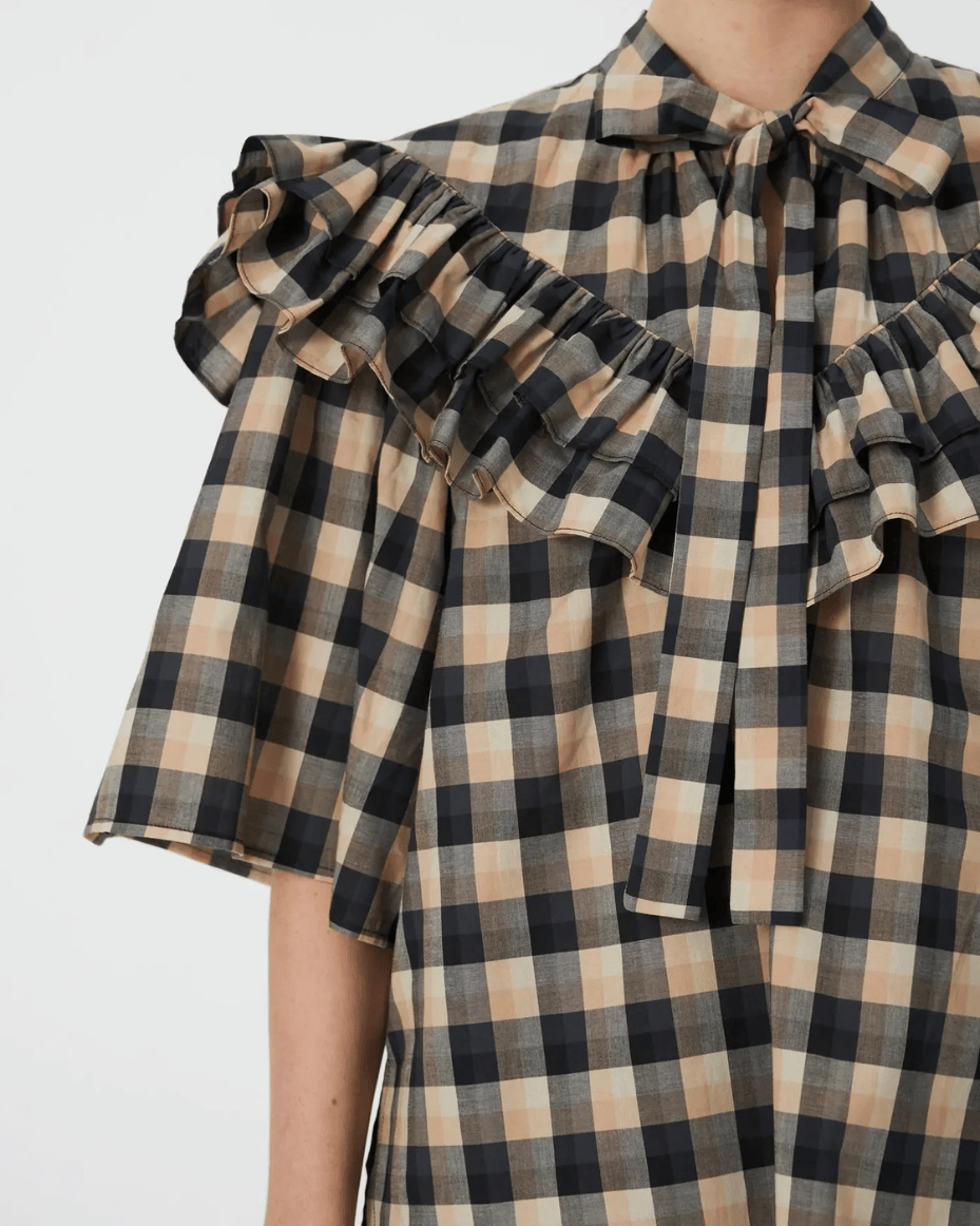 Stella Nova Frill Checked Blouse in Beige/Black Checks
