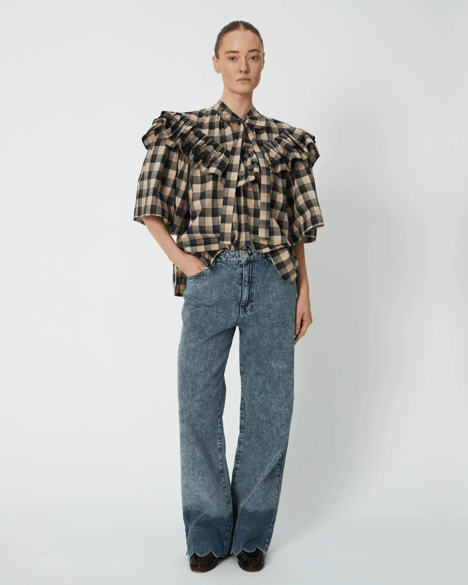 Stella Nova Frill Checked Blouse in Beige/Black Checks