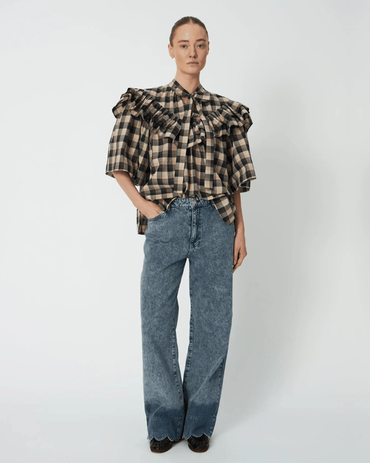 Stella Nova Frill Checked Blouse in Beige/Black Checks