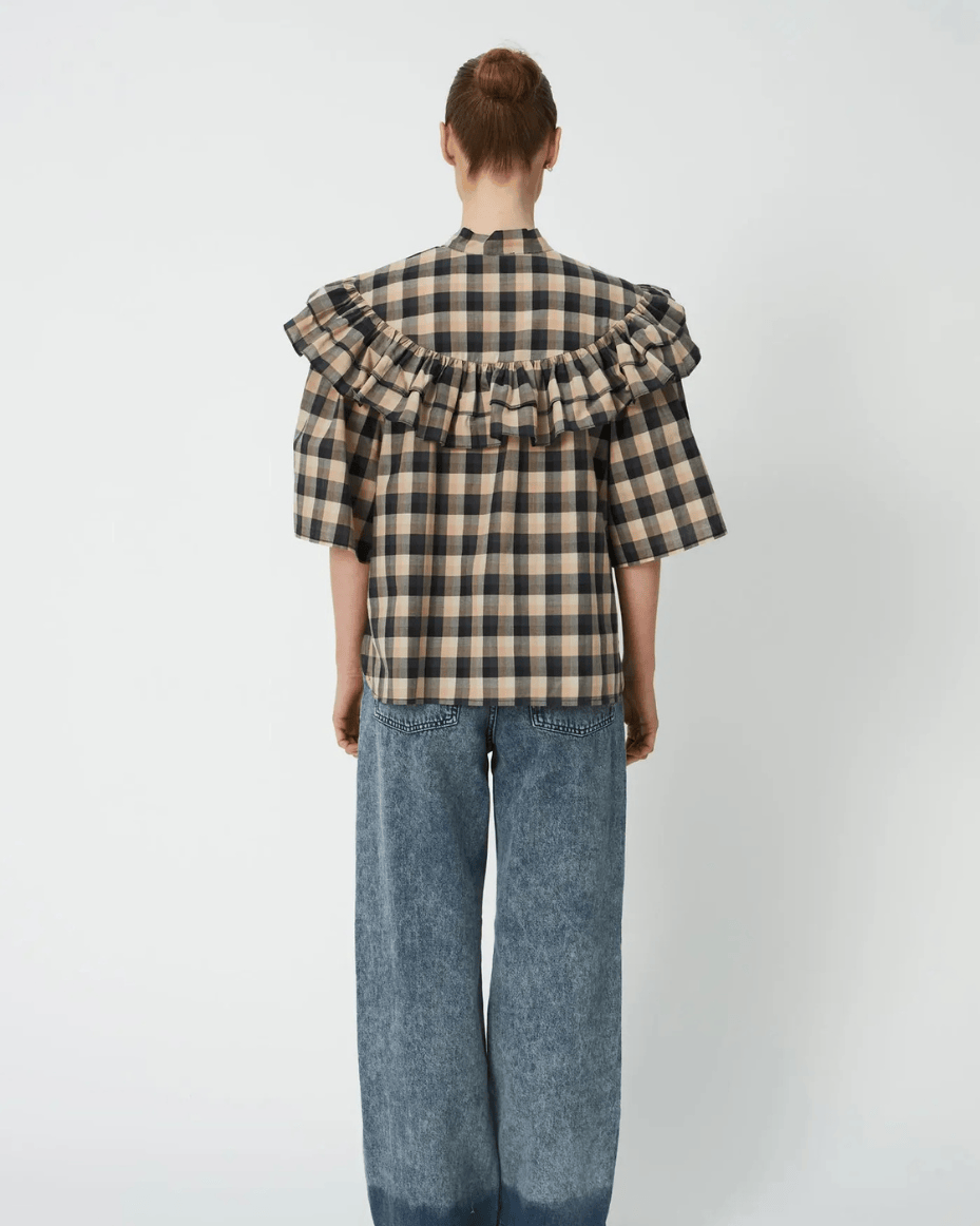 Stella Nova Frill Checked Blouse in Beige/Black Checks