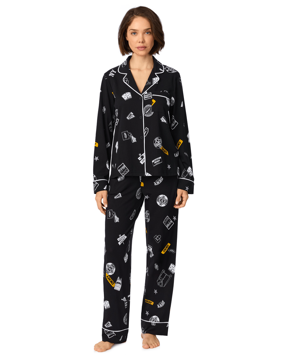 DKNY Long Sleeved Notch Top & Pant Set in NYC Print