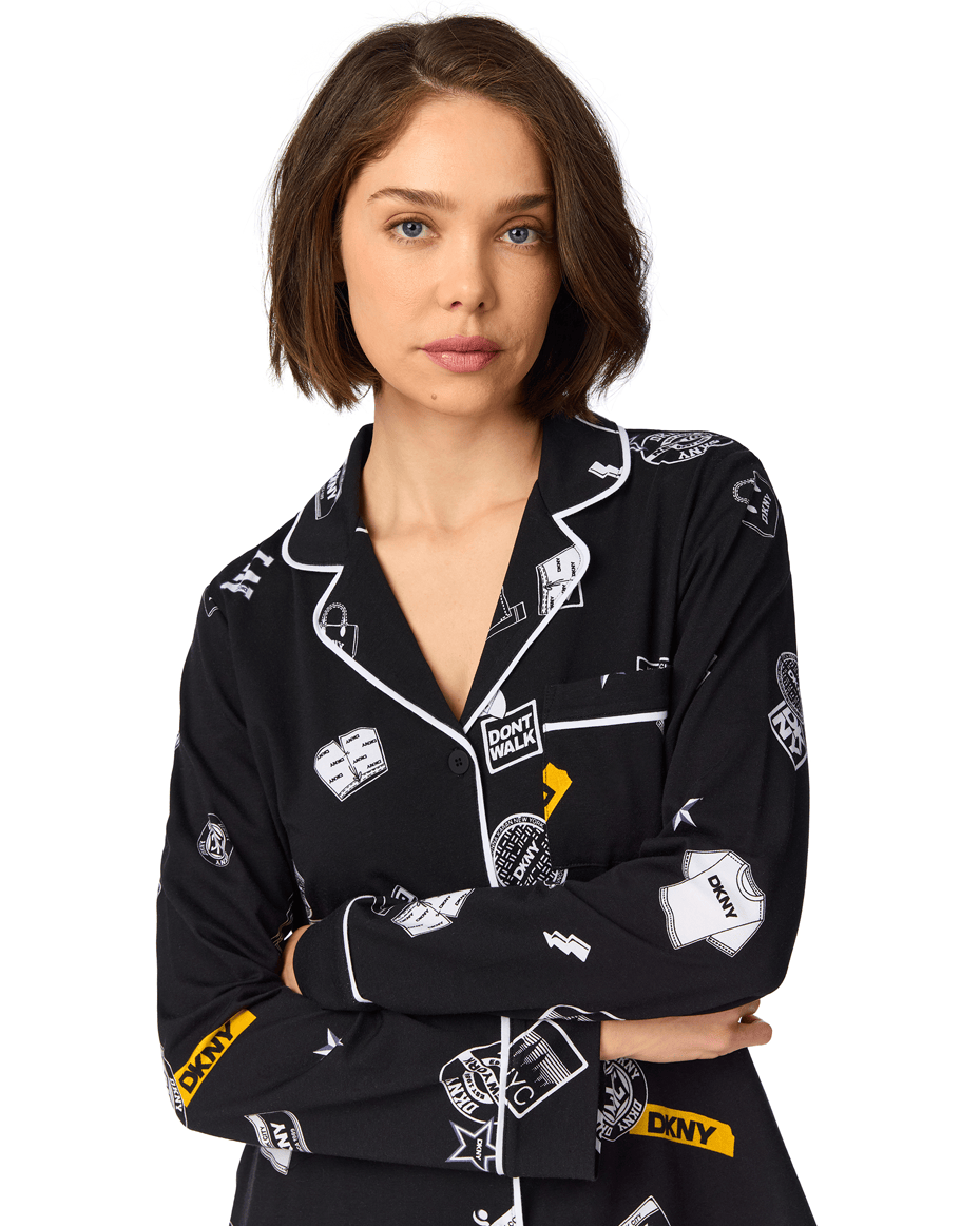 DKNY Long Sleeved Notch Top & Pant Set in NYC Print