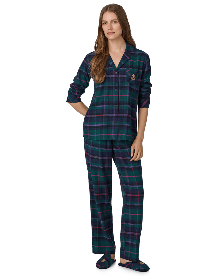 Lauren Ralph Lauren Notch Collar Long Pj Set in Green Plaid