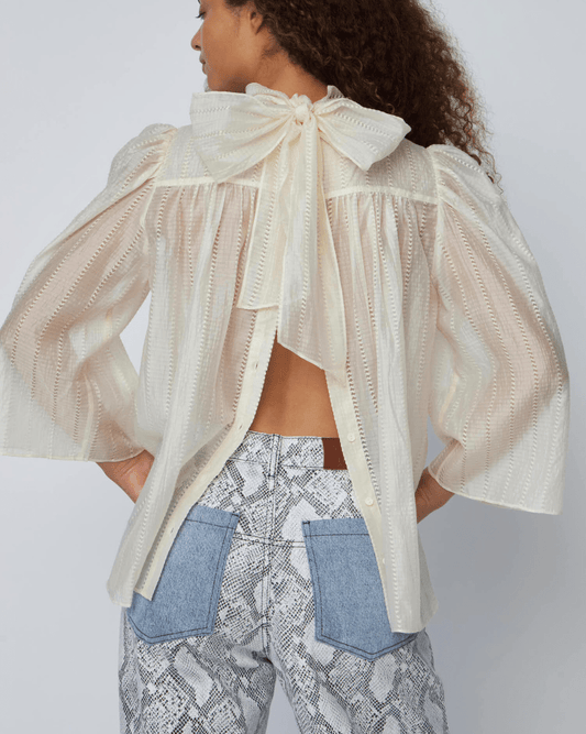 Stella Nova Pointelle High-Neck Bow Blouse