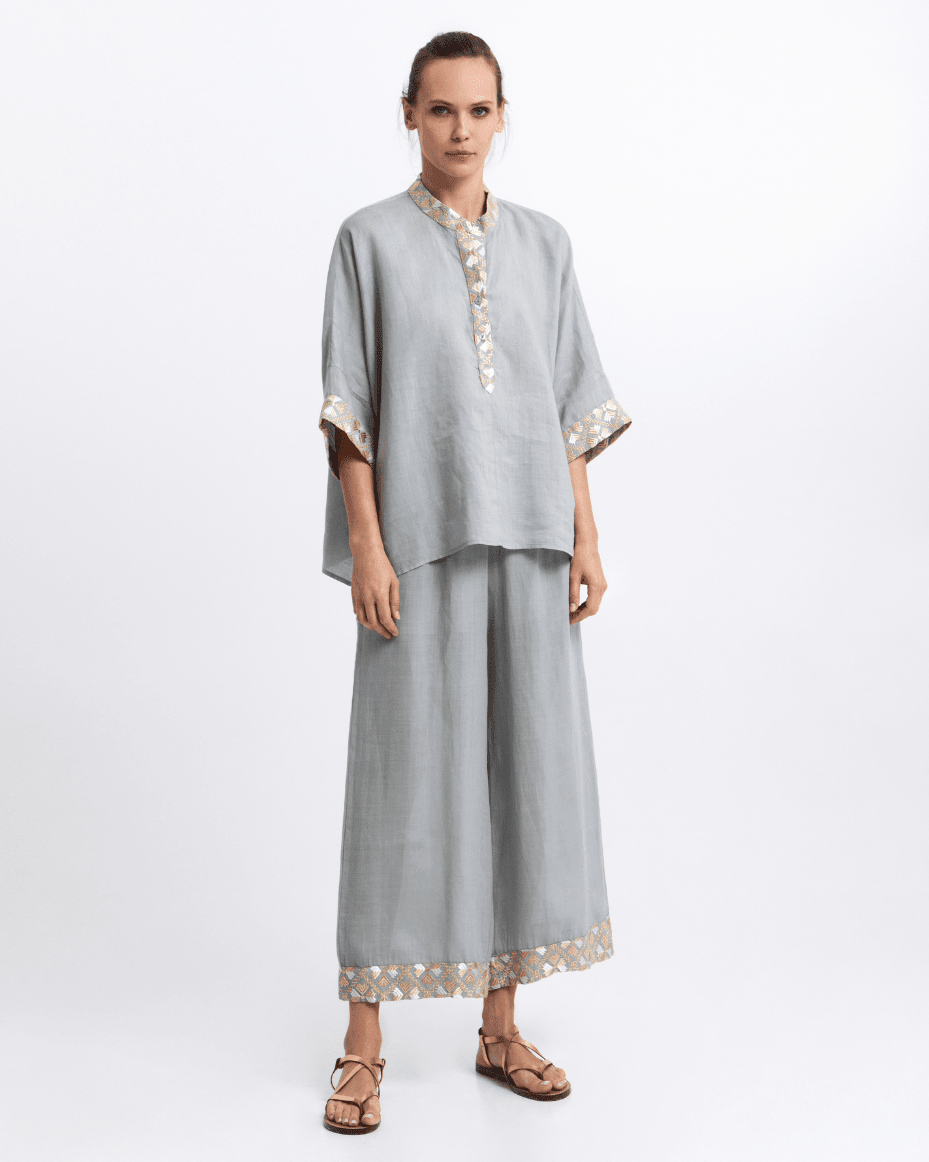 Milla Greek Archaic Kori Flakes L/S Placket Blouse - GREEK ARCHAIC - Luxe Leopard