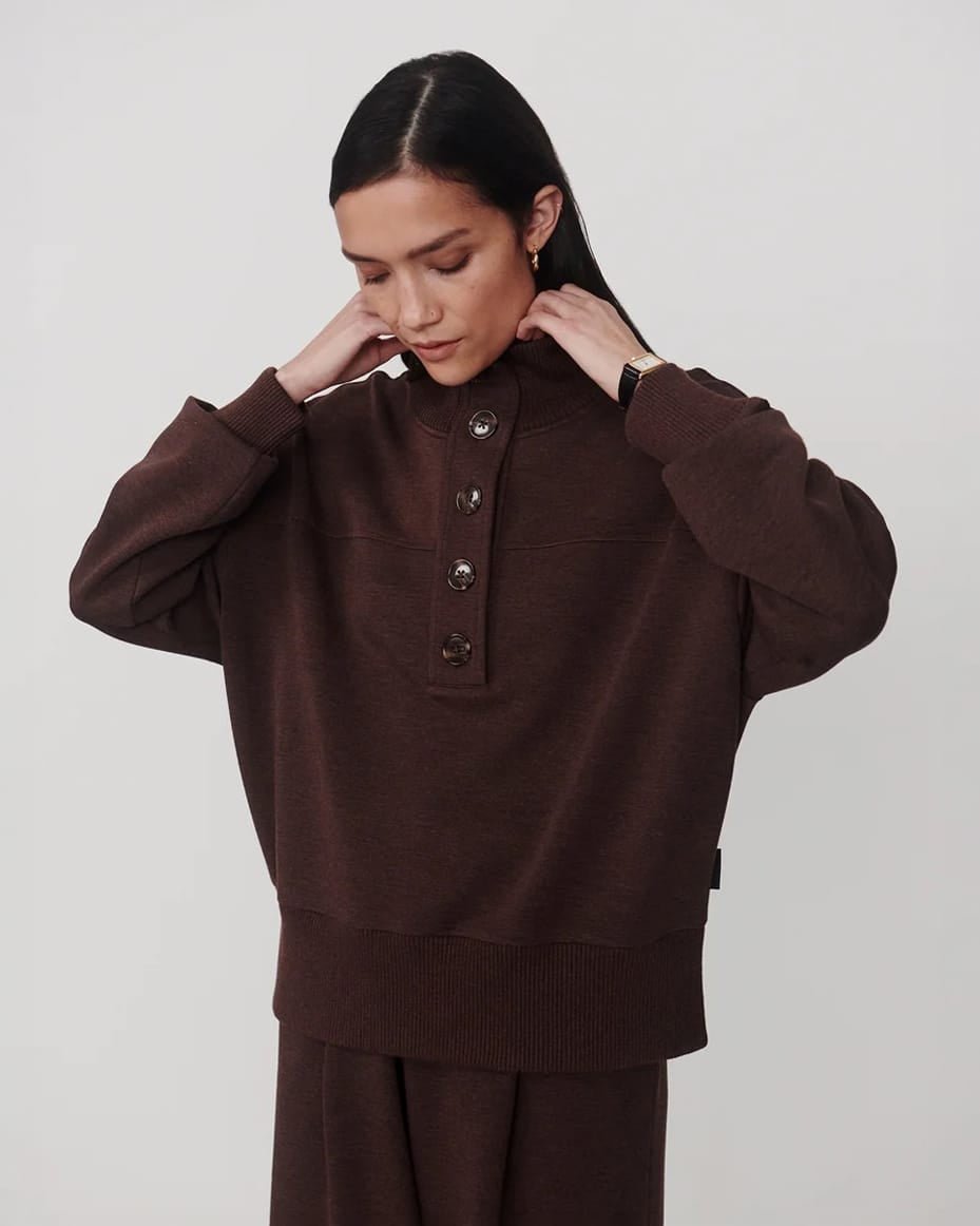 Varley Bronya Button Placket Sweat Coffee Bean Marl - VARLEY - Luxe Leopard
