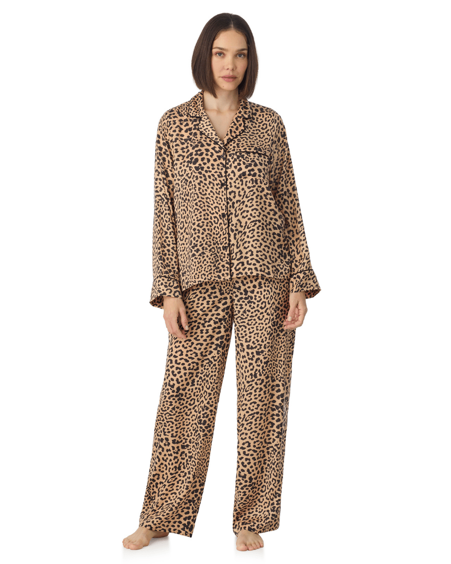 DKNY Long Sleeved Notch Top & Pant Sleep Set - Luxe Leopard