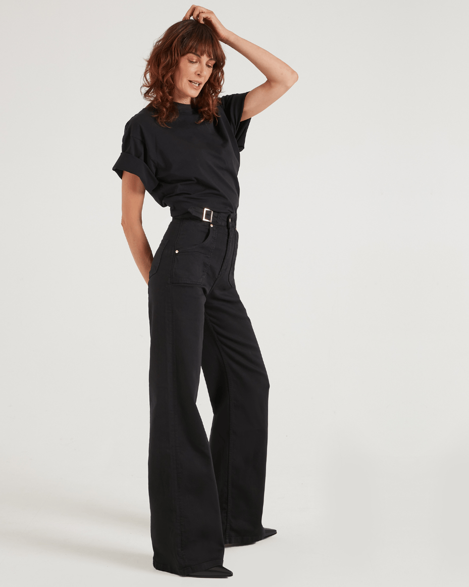 Donna Ida Minnie The High Top Full Length Wide Leg Flared Jeans in Blackest