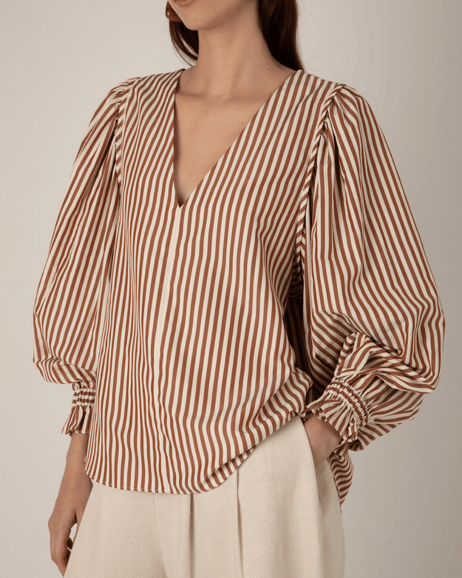 Vivere Remi Brown Stripe Blouse - VIVERE - Luxe Leopard