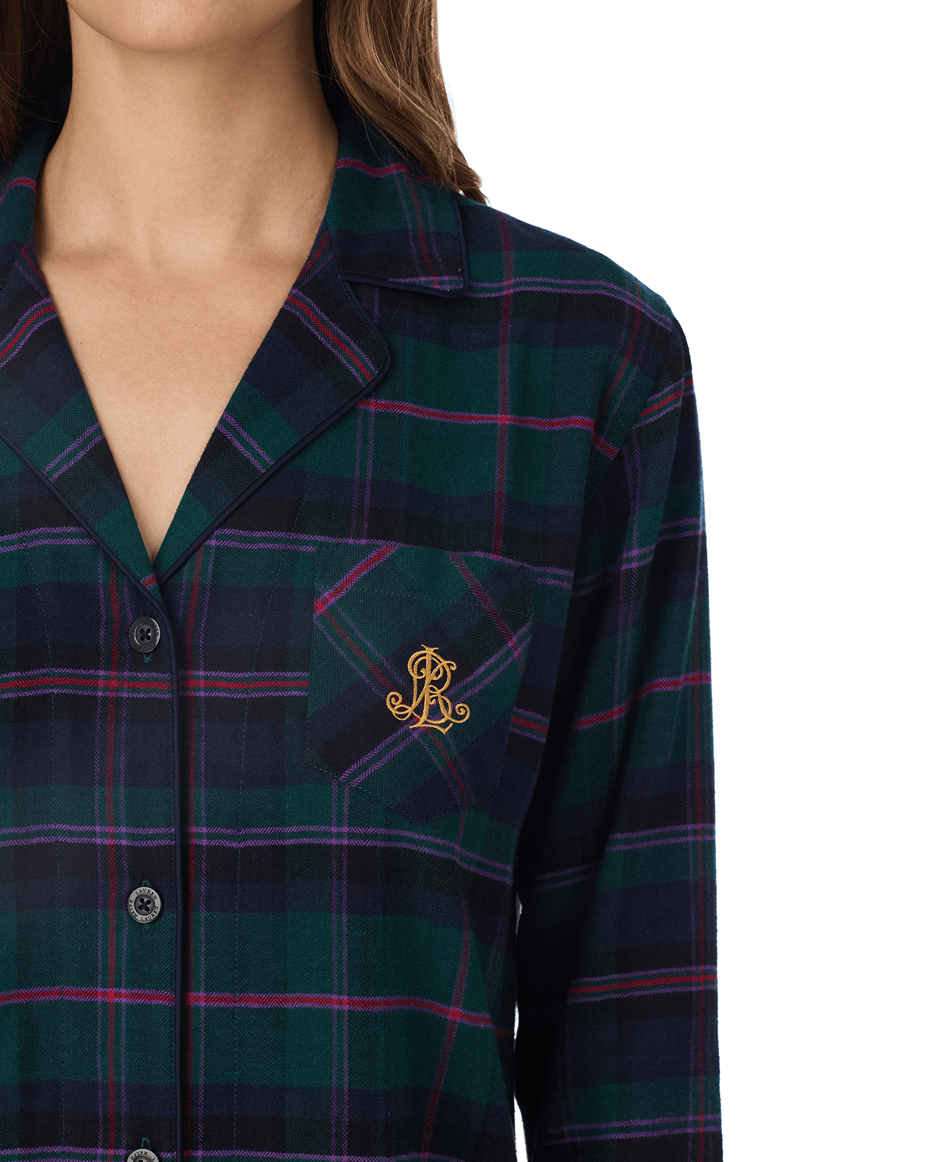 Lauren Ralph Lauren Notch Collar Long Pj Set in Green Plaid