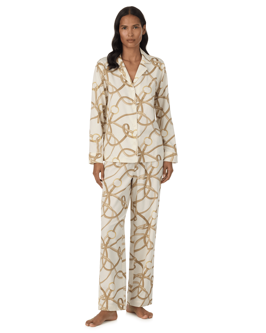 Lauren Ralph Lauren Long Sleeved Notch Collar Pant Pj Set in Belting Print