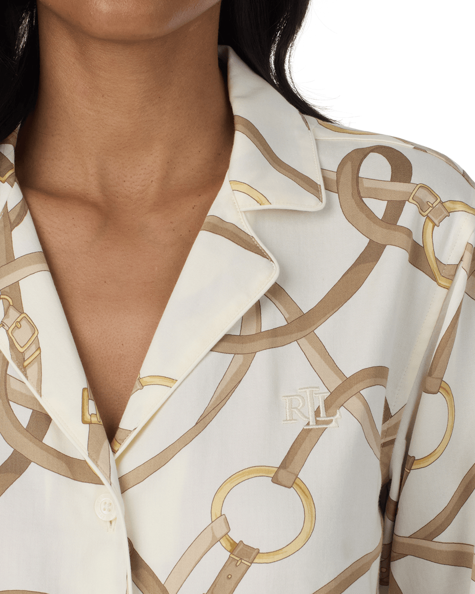 Lauren Ralph Lauren Long Sleeved Notch Collar Pant Pj Set in Belting Print