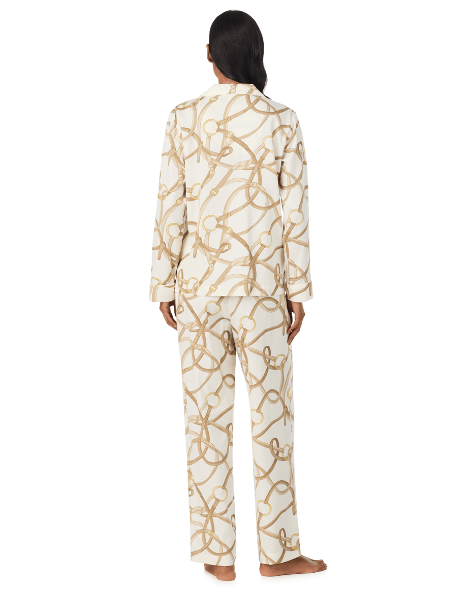 Lauren Ralph Lauren Long Sleeved Notch Collar Pant Pj Set in Belting Print