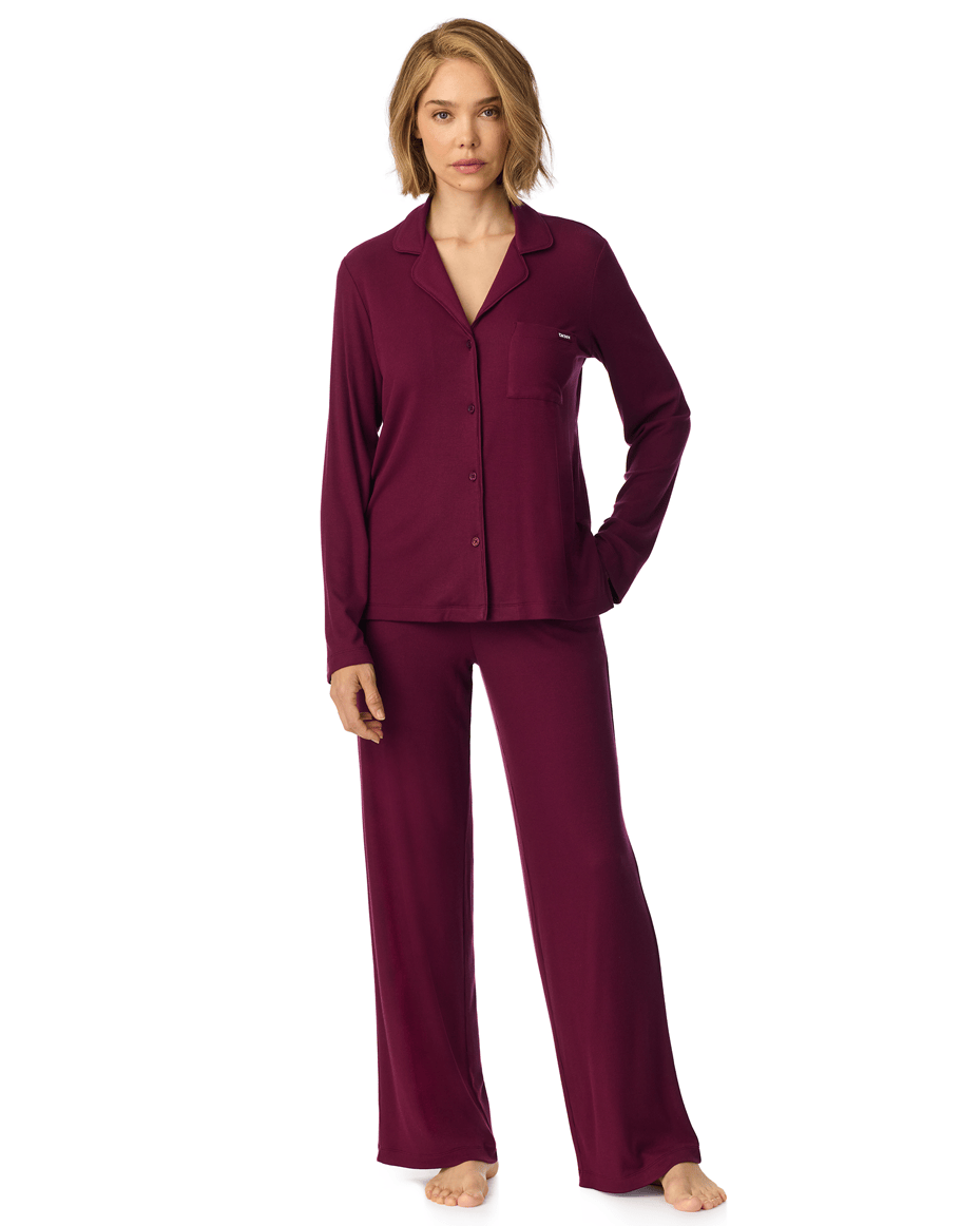 DKNY Long Sleeved Notch Top & Pant Set in Maroon