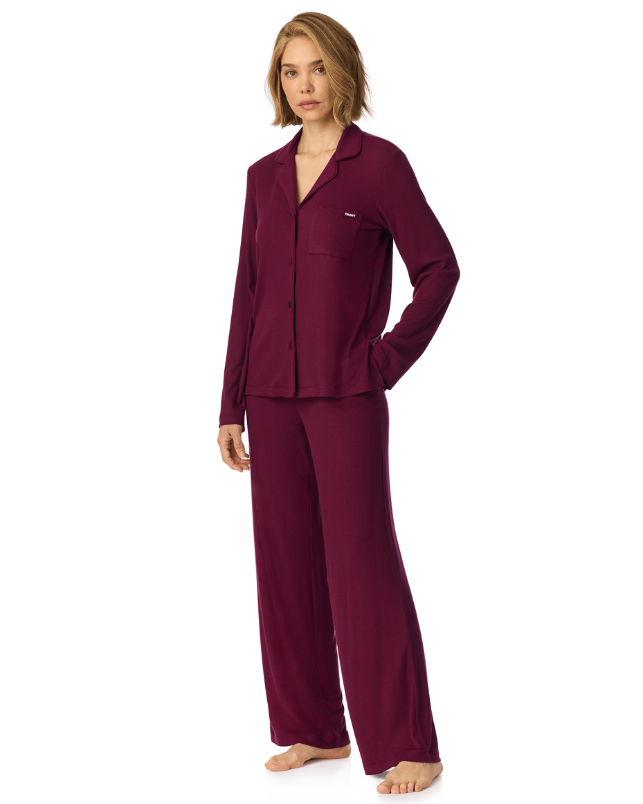 DKNY Long Sleeved Notch Top & Pant Set in Maroon