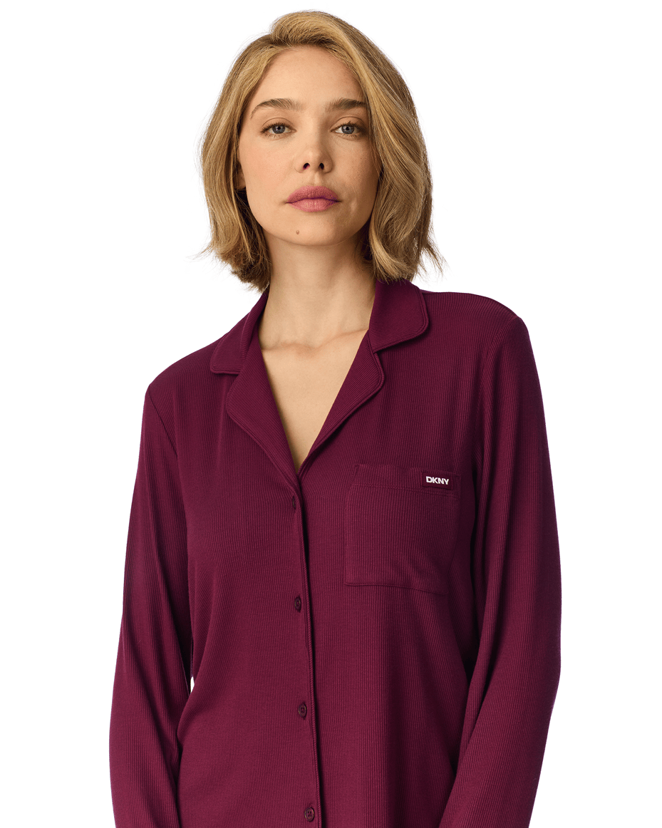 DKNY Long Sleeved Notch Top & Pant Set in Maroon