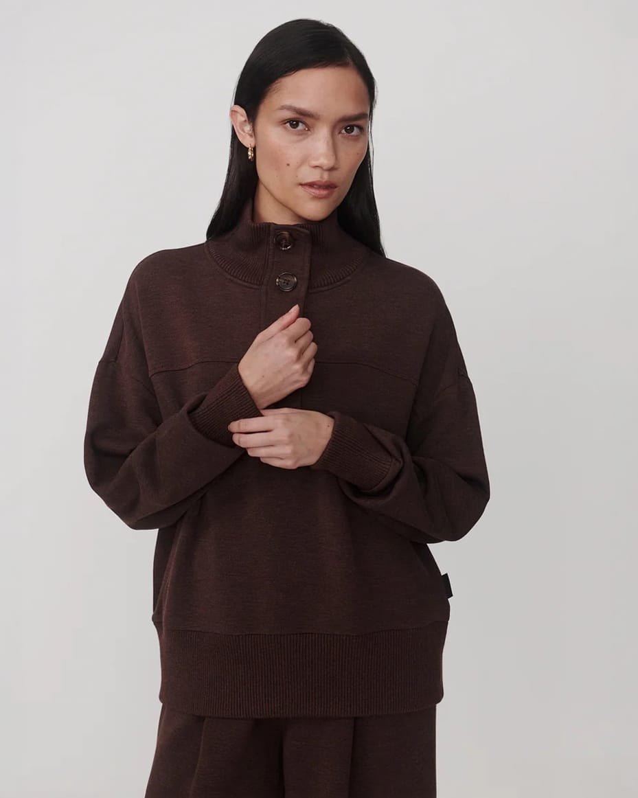 Varley Bronya Button Placket Sweat Coffee Bean Marl - VARLEY - Luxe Leopard