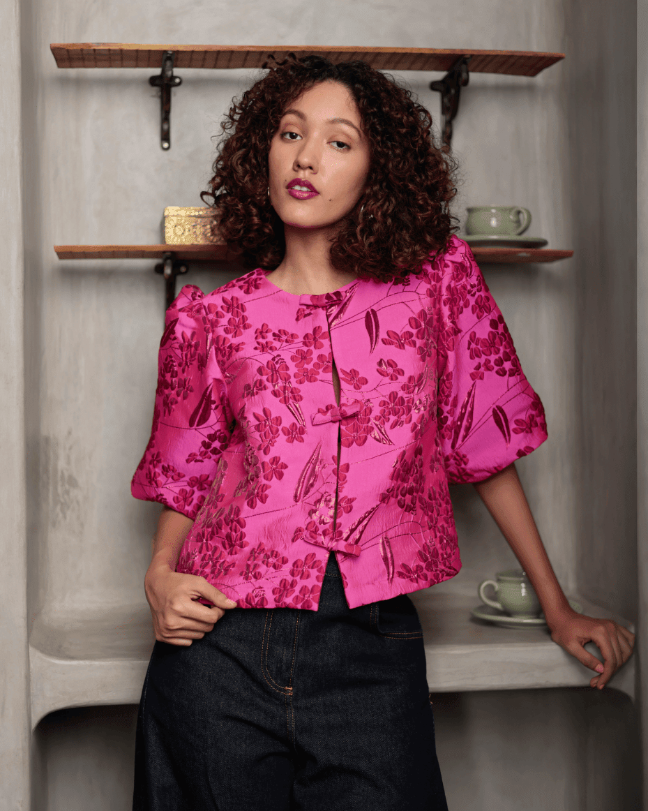 Emily Lovelock Myla Pink & Red Balloon Sleeve Cropped Shirt - EMILY LOVELOCK - Luxe Leopard