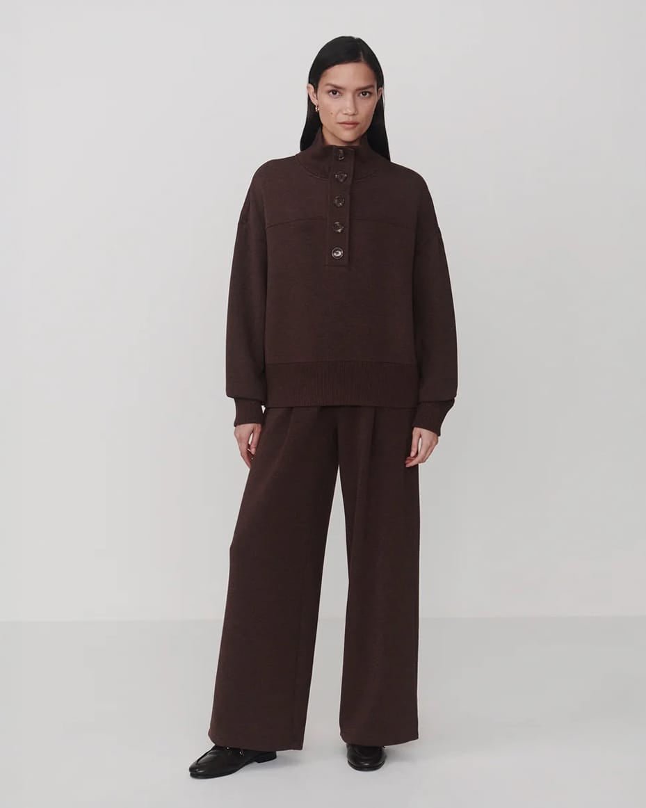 Varley Bronya Button Placket Sweat Coffee Bean Marl - VARLEY - Luxe Leopard