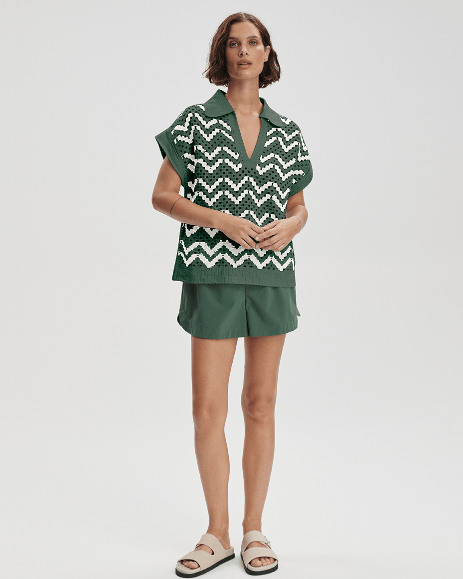 Varley Joelle Crochet Polo Top - VARLEY - Luxe Leopard