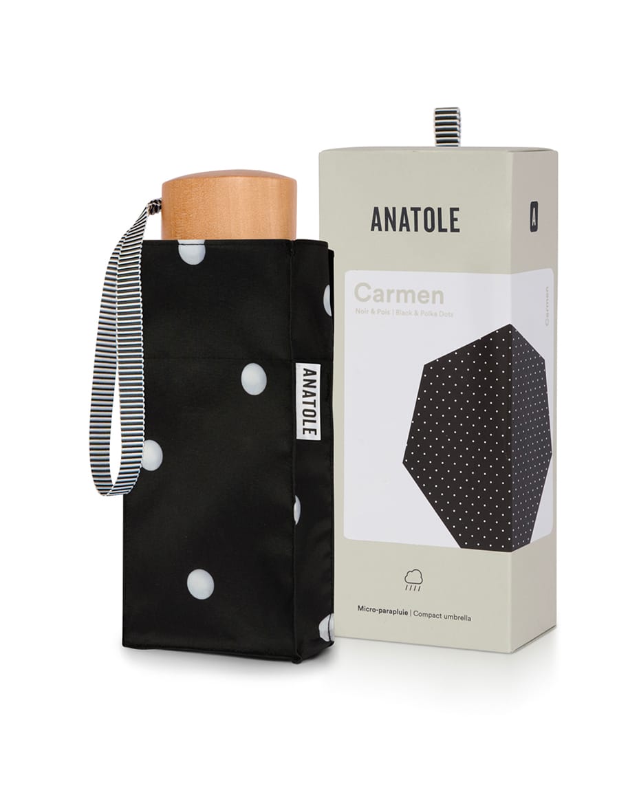 Anatole Carmen Folding Compact Umbrella in Black and Polka Dots - Luxe Leopard