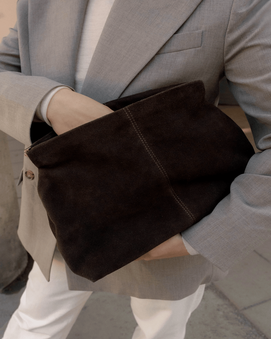 Flattered Clay Clutch in Chocolate Suede