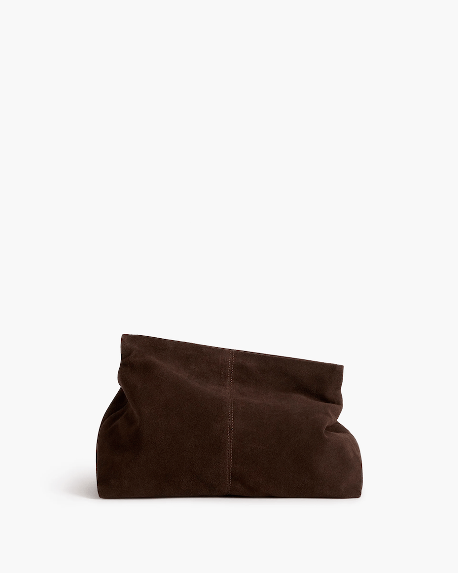 Flattered Clay Clutch in Chocolate Suede