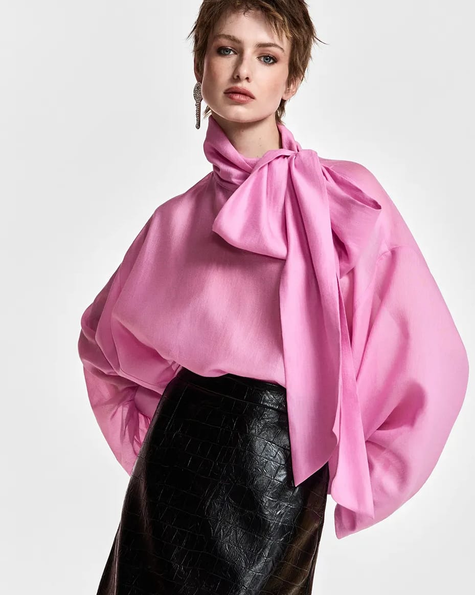 Essentiel Antwerp Karismatic Pussy Bow Tie Top Millenial Pink - ESSENTIEL ANTWERP - Luxe Leopard