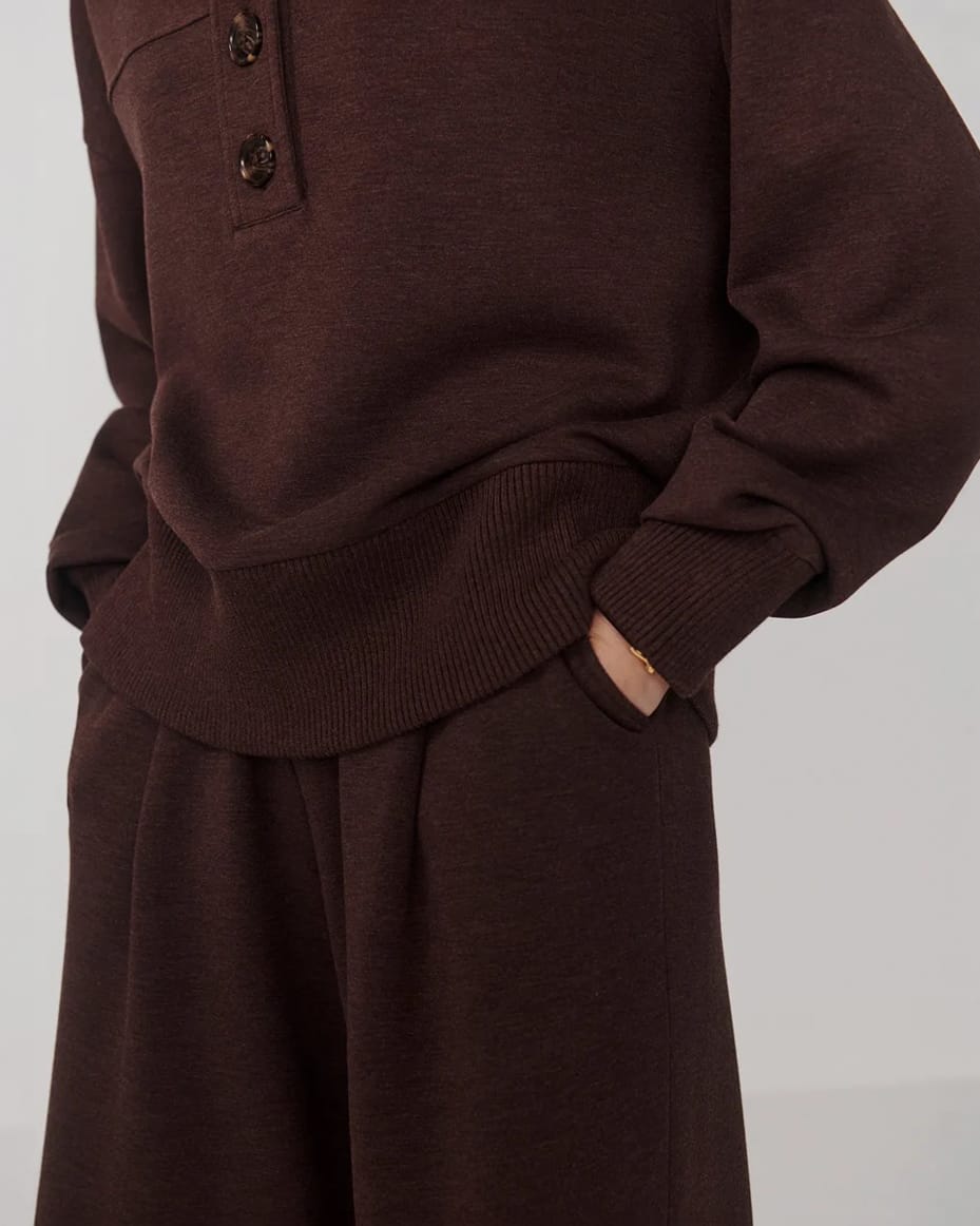Varley Bronya Button Placket Sweat Coffee Bean Marl - VARLEY - Luxe Leopard
