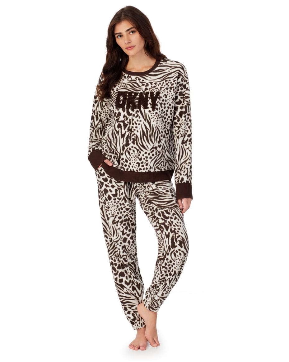 DKNY Cozy Holiday Fleece Top & Jogger Set - Luxe Leopard